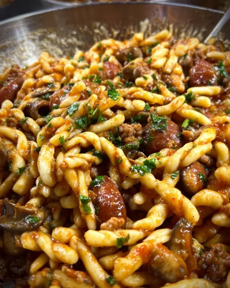 Trofie con funghi porcini e salsiccia, un piatto italiano tradizionale