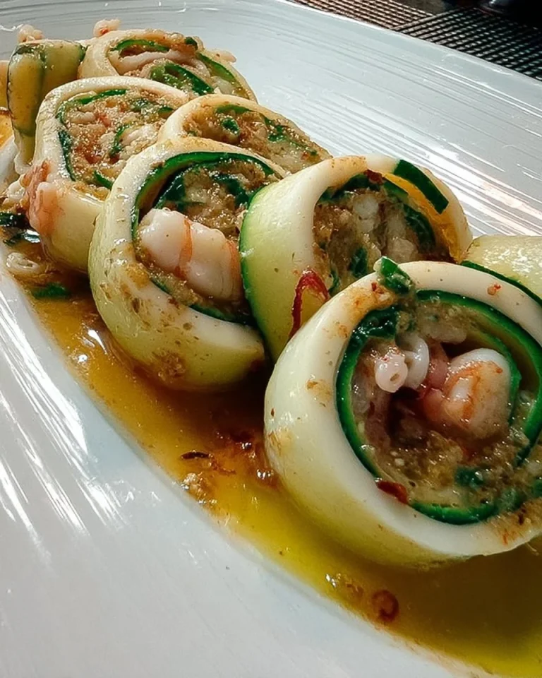 Tubi di totano ripieni con gamberetti e zucchine, piatto delizioso
