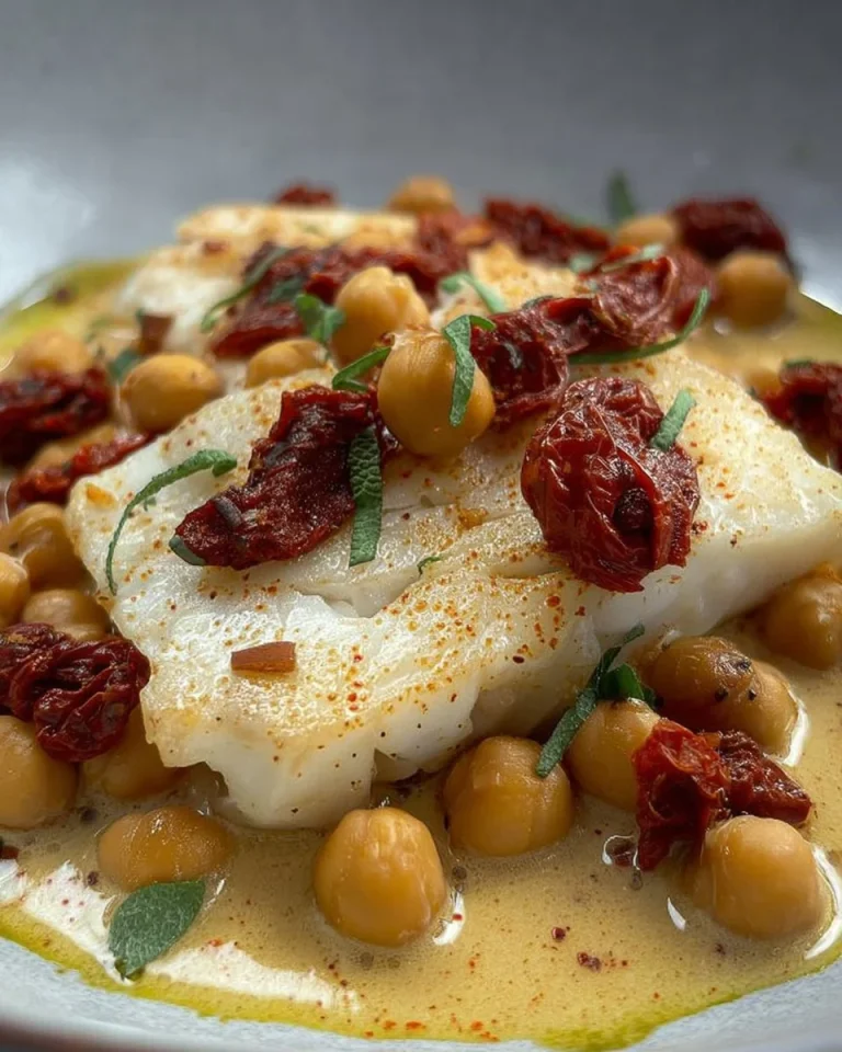 Piatto di baccalà con ceci e pomodoro secco, ricco di sapori mediterranei.