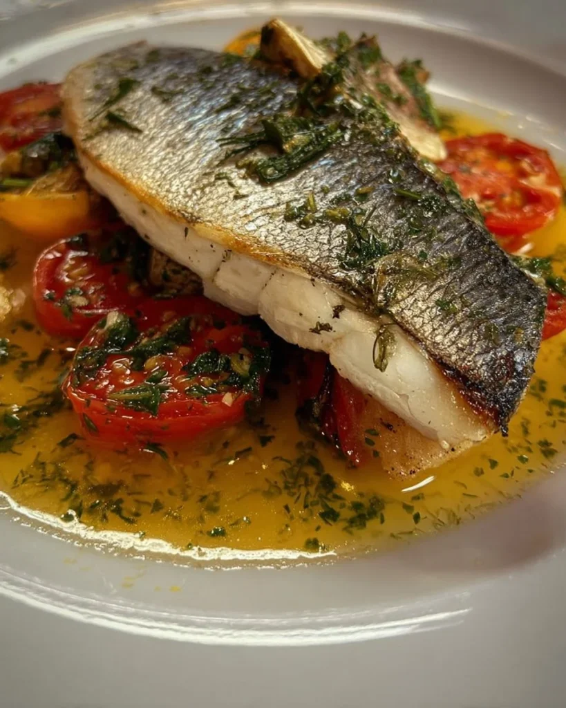 Piatto di branzino all'acqua pazza con pomodorini e erbe aromatiche