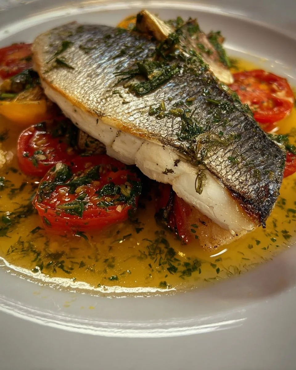 Piatto di branzino all'acqua pazza con pomodorini e erbe aromatiche