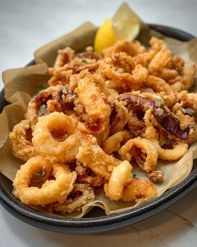 Piatto di calamari fritti dorati e croccanti serviti con limone e salsa