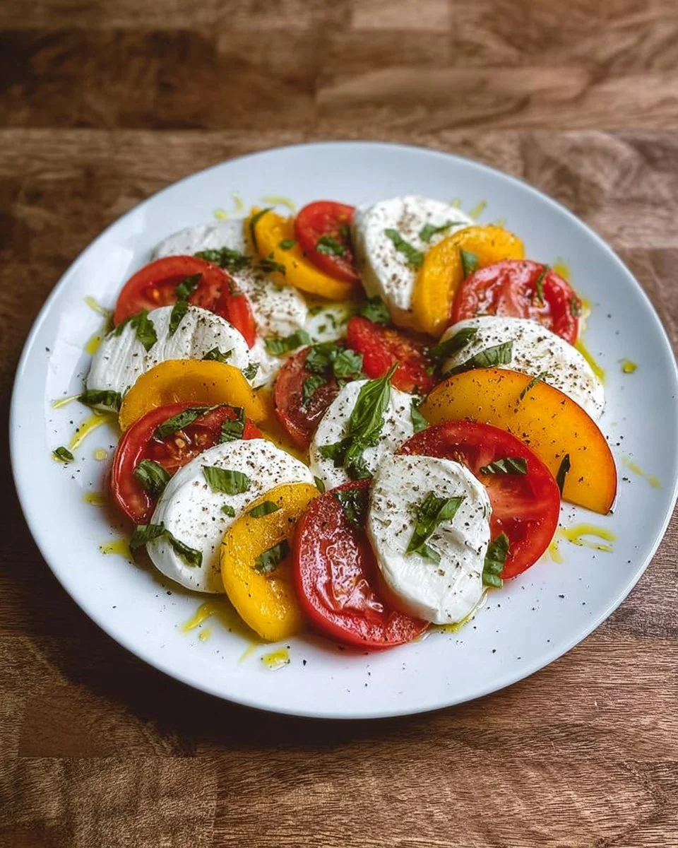 Caprese con le pesche, un'insalata estiva colorata e gustosa.