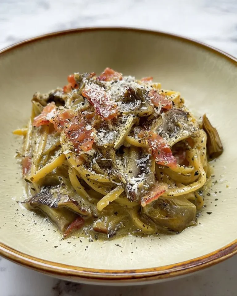 Piatto di Carbonara ai carciofi con ingredienti freschi e servito in una ciotola