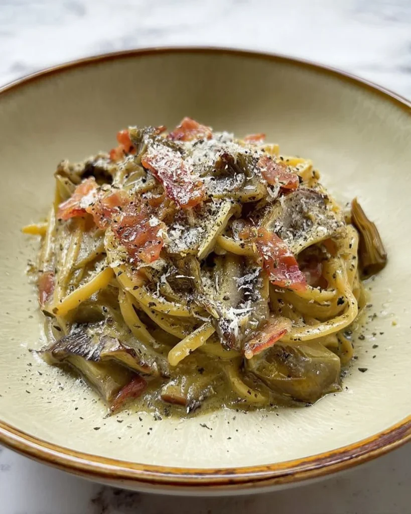 Piatto di Carbonara ai carciofi con ingredienti freschi e servito in una ciotola