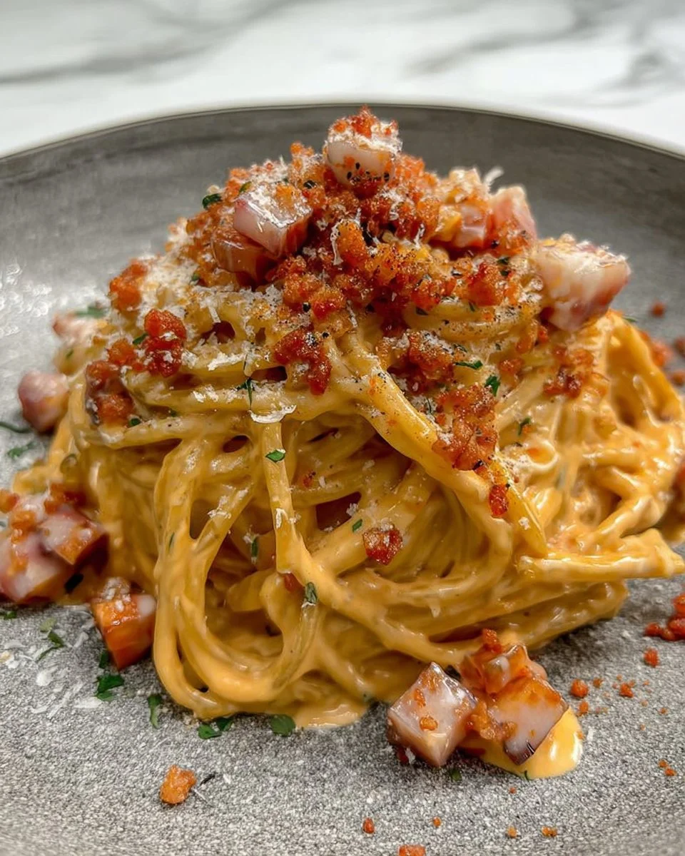 Piatto di Carbonara di mare con pasta e frutti di mare freschi