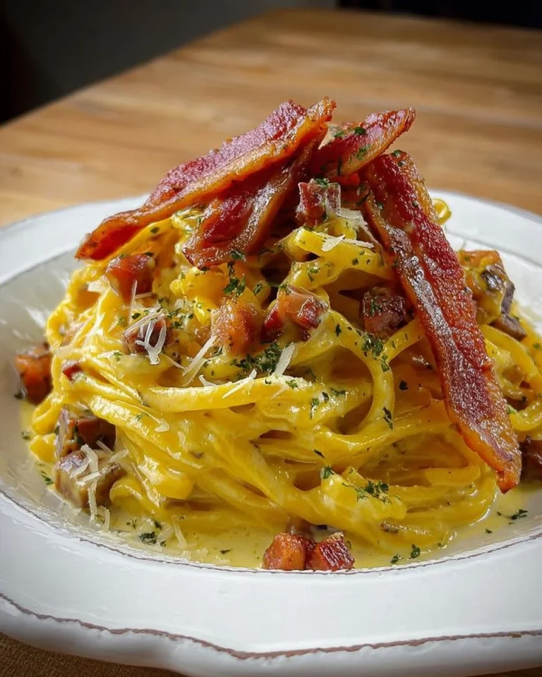 Pasta Carbonara di mezzanotte servita con guanciale e pecorino.