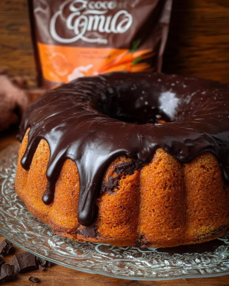 Ciambellone alle carote e cioccolato in una teglia pronto da servire