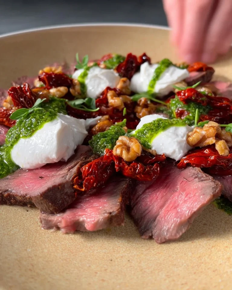 Controfiletto di manzo servito con burrata fresca e pomodorini secchi