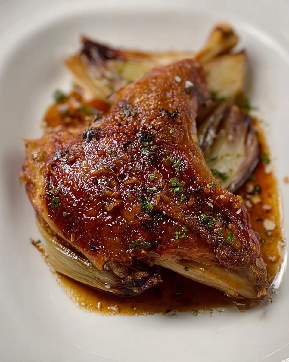 Coscia d'anatra confit servita con indivia all'aceto balsamico