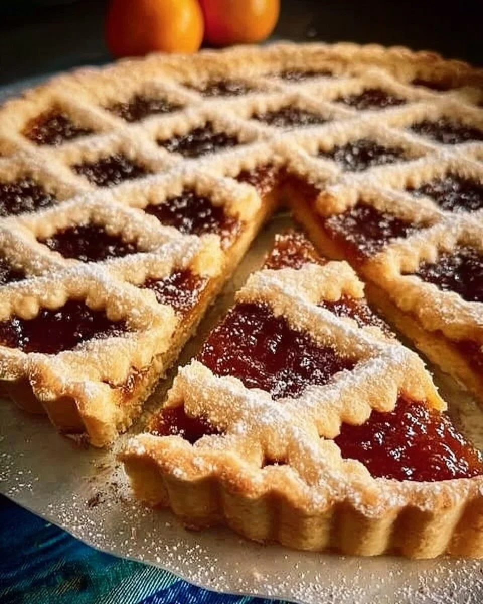 Crostata con frolla all'arancia su un piatto decorato