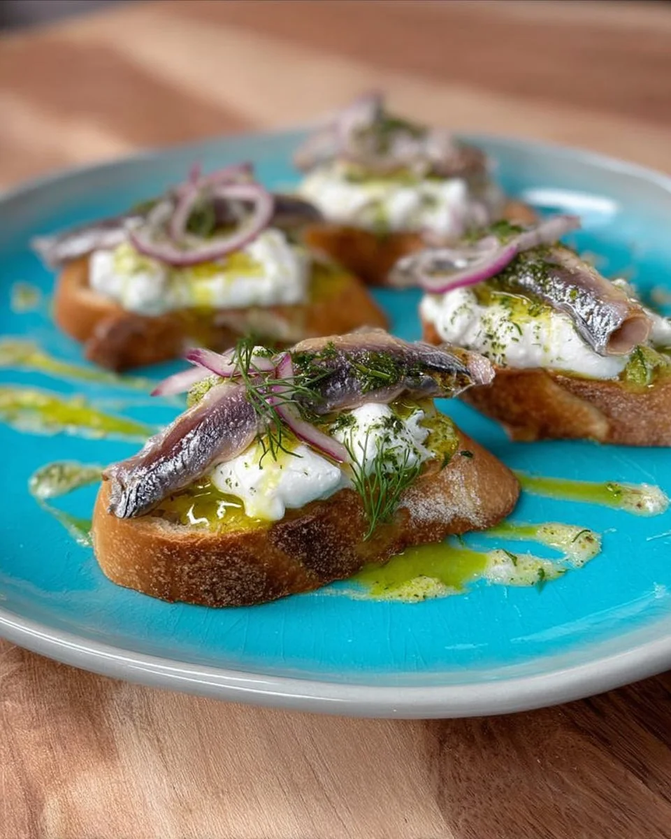 Crostini di burrata con alici marinate serviti su un piatto elegante