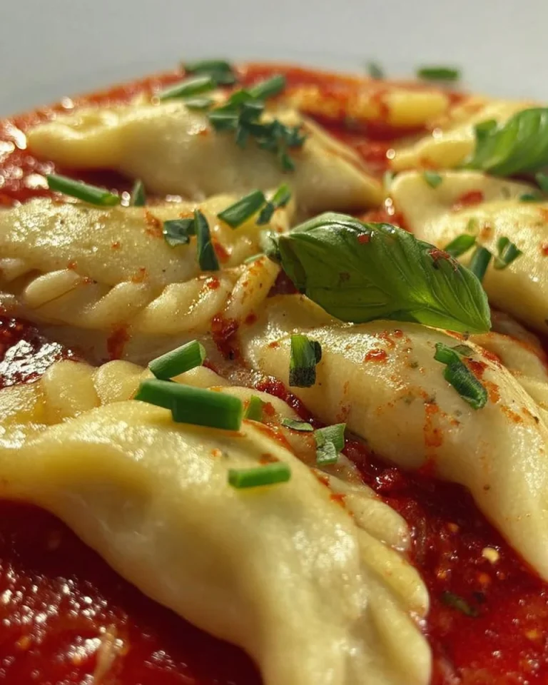 Culurgiones ravioli sardi ripieni di patate e menta serviti in un piatto.