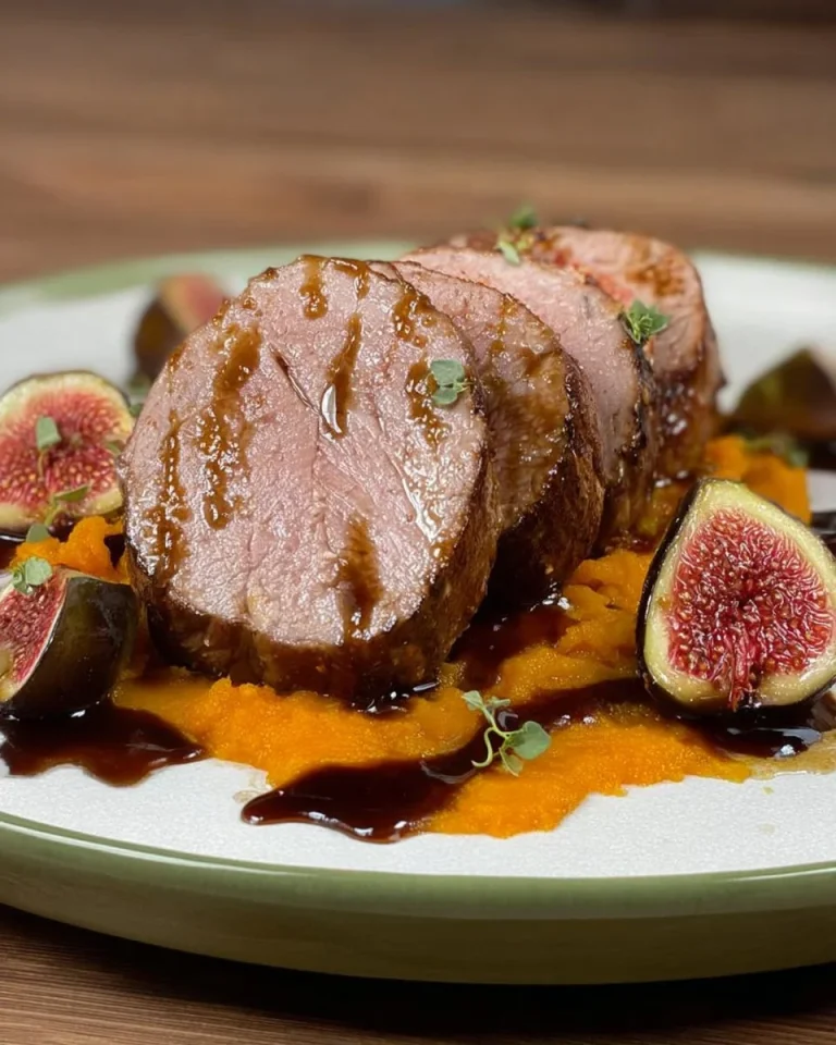 Filetto di maiale con zucca e fichi su un piatto rustico