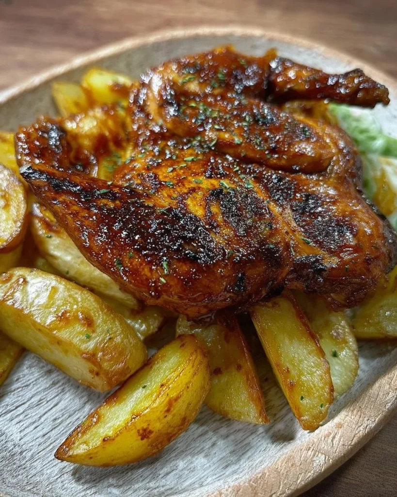 Galletto alla diavola con patate arrosto su un piatto elegante