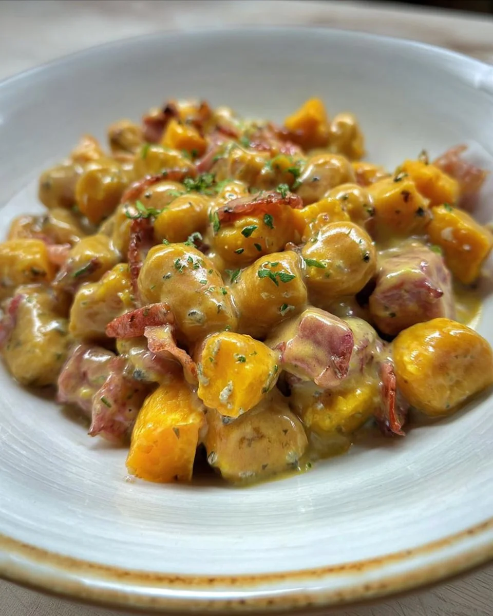 Piatto di gnocchi di castagne con zucca, speck e gorgonzola