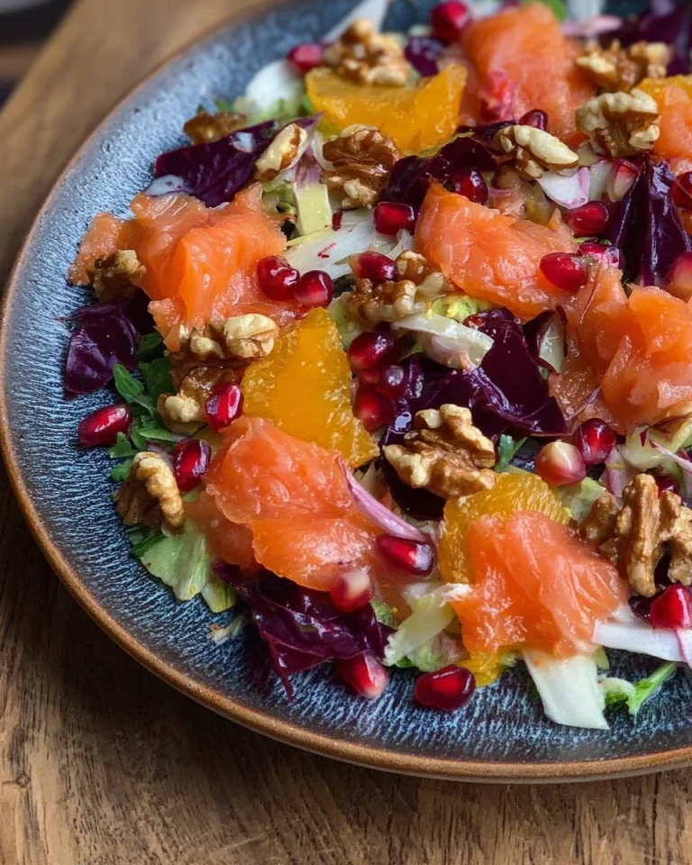 Insalata di verdure con melagrana, noci e salmone selvaggio affumicato