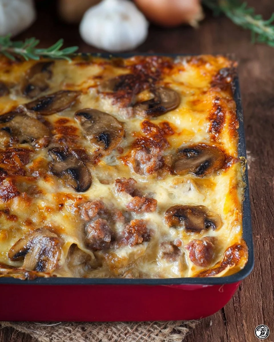 Lasagne funghi e salsiccia servite su un piatto bianco con condimento fresco