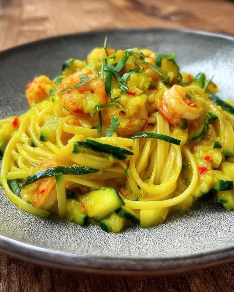 Linguine con zucchine, gamberi e zafferano serviti in un piatto elegante.