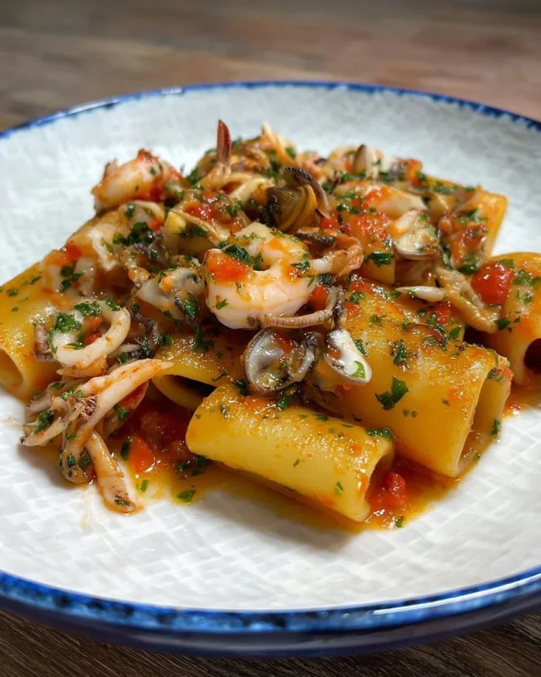 Paccheri ai frutti di mare serviti con salsa di pomodoro e guarnizione di prezzemolo.