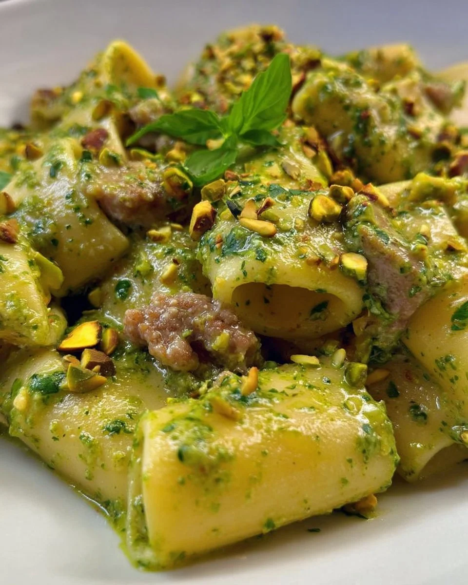 Paccheri al pesto di pistacchi con salsiccia e provola, piatto italiano delizioso