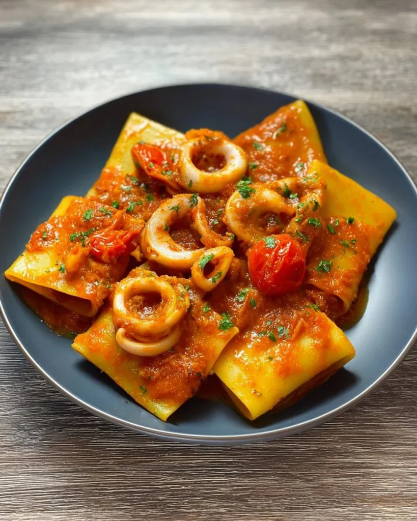 Paccheri al sugo di calamari serviti in un piatto gourmet