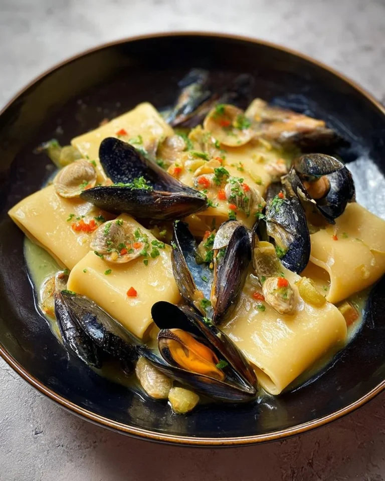 Paccheri con cozze, patate e zafferano serviti in un piatto elegante