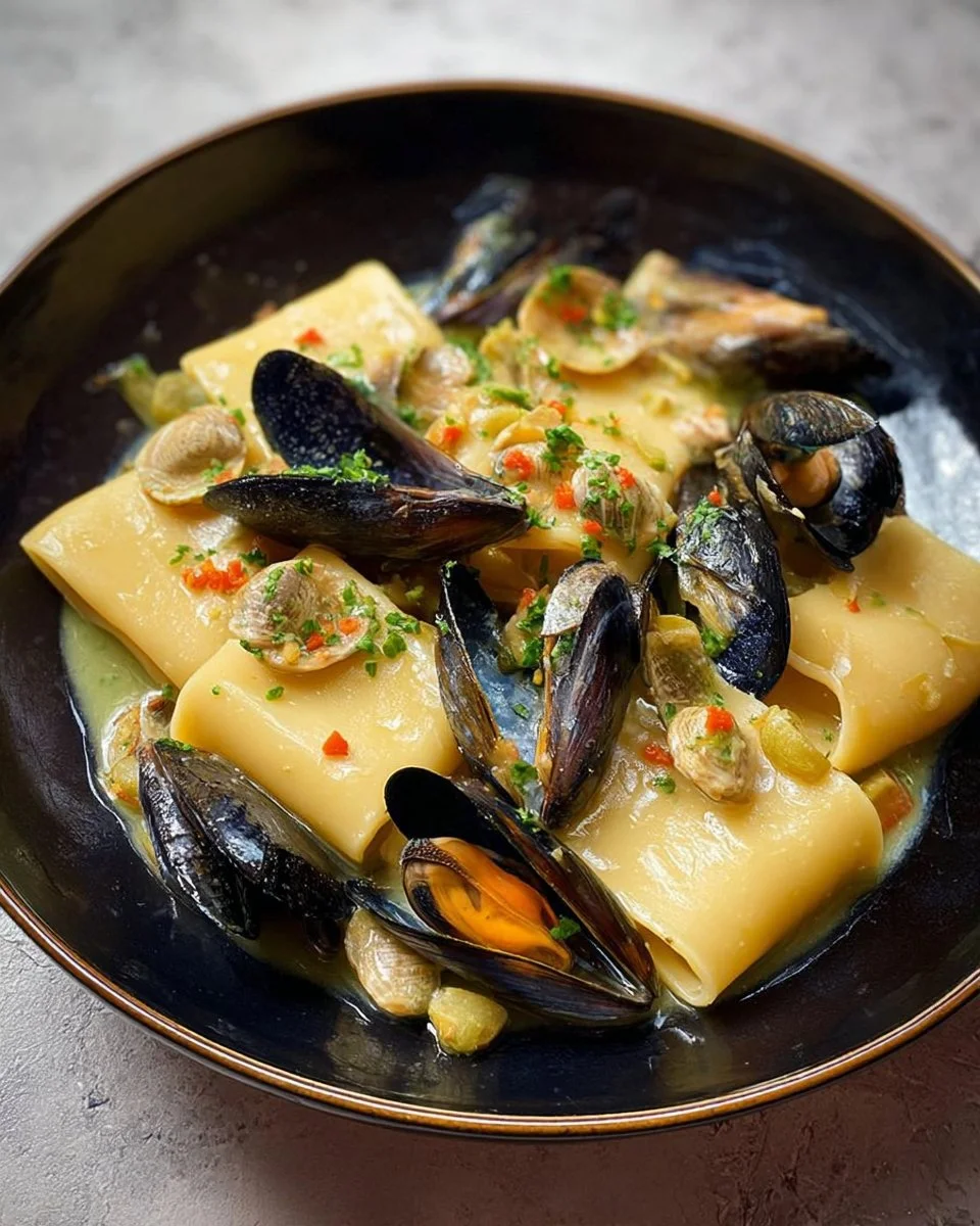 Paccheri con cozze, patate e zafferano serviti in un piatto elegante