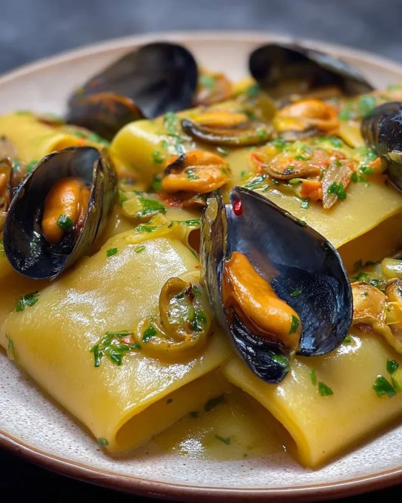 Paccheri con patate, cozze e zafferano serviti in un piatto elegante.