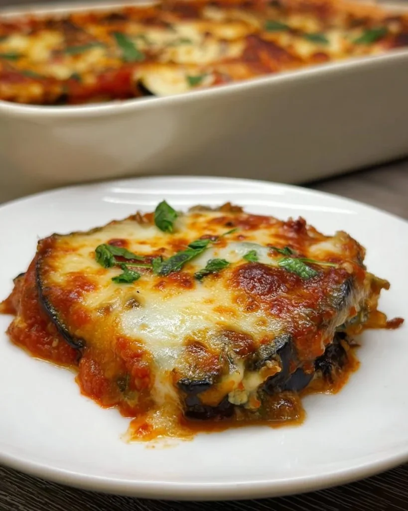 Piatto di Parmigiana di melanzane con formaggio e salsa di pomodoro