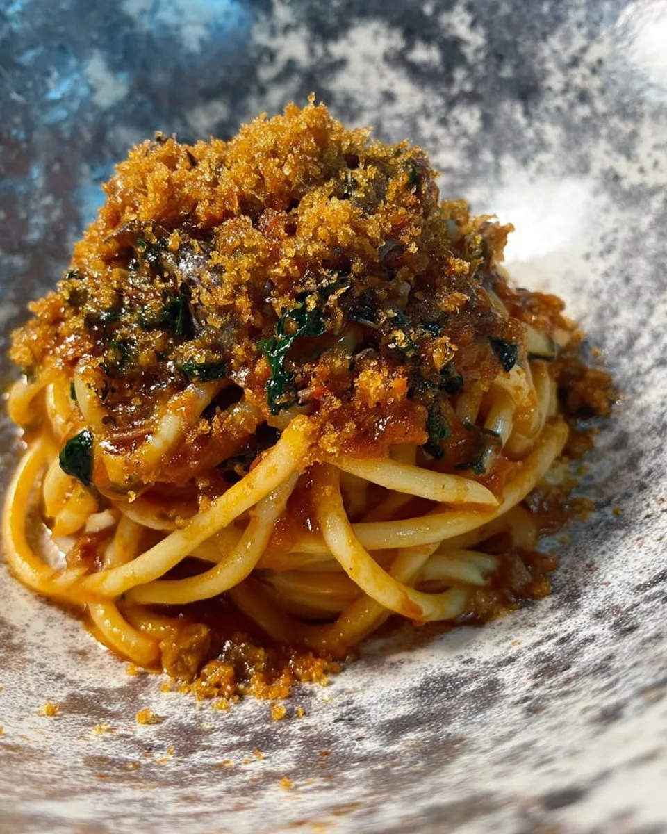 Pasta con alici e mollica tostata, un delizioso piatto di pasta mediterranea.