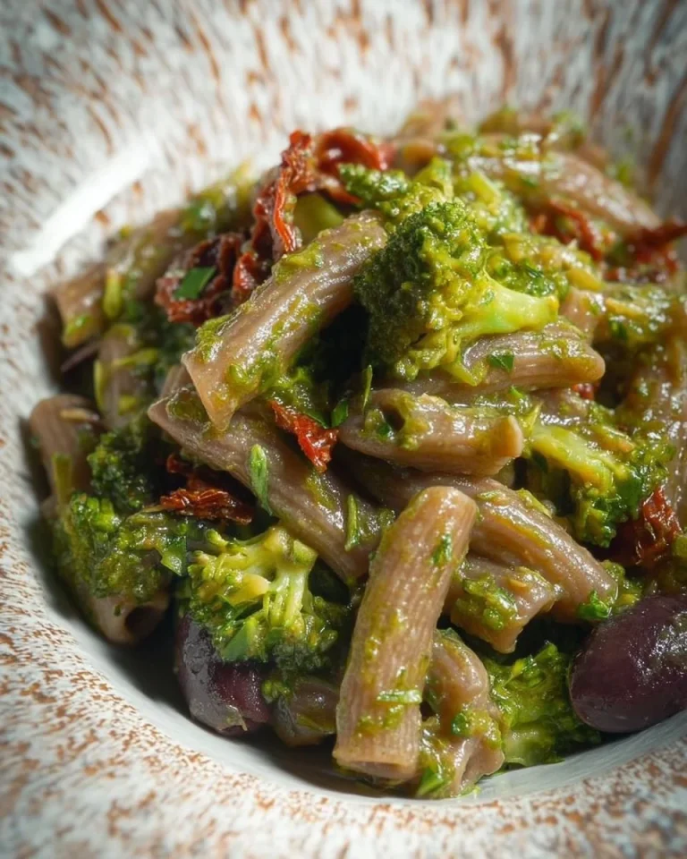 Pasta integrale con broccoli, pomodoro secco e olive servita in un piatto
