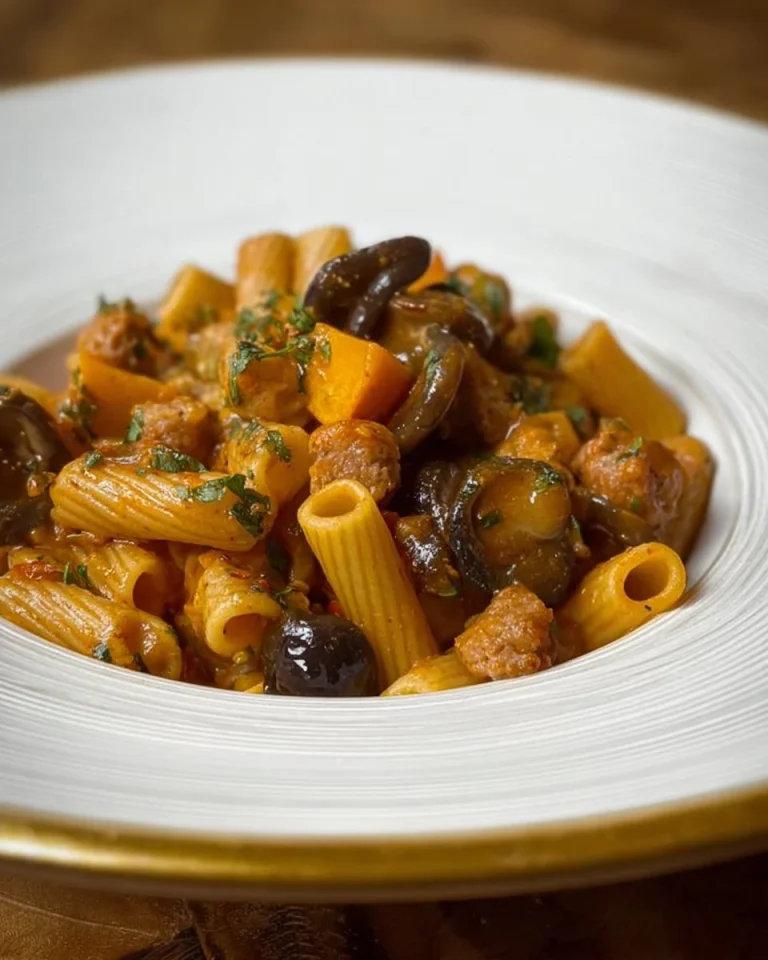 Pasta integrale con zucca, salsiccia e funghi pioppini in un piatto colorato.