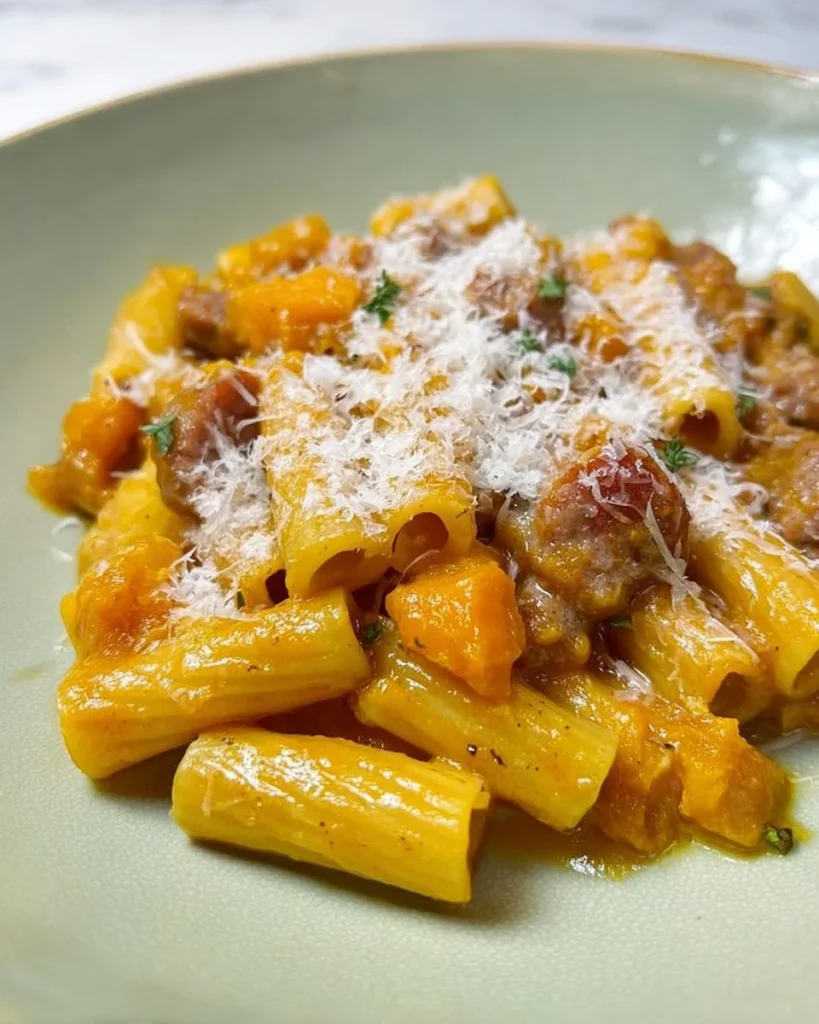 Pasta zucca e salsiccia servita in un piatto, ideale per un pasto autunnale.