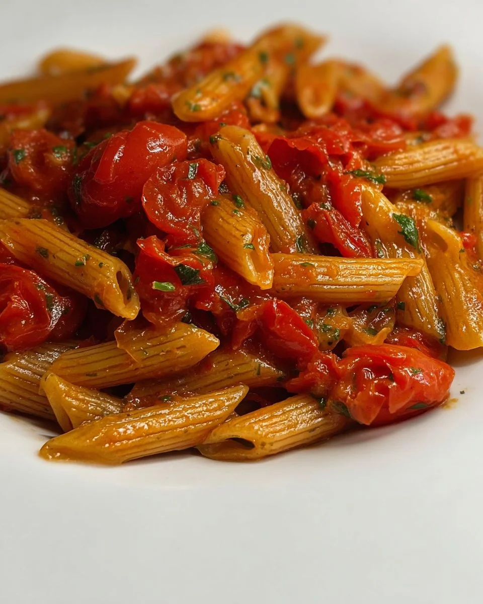 Piatto di Penne all'arrabbiata con salsa di pomodoro e peperoncino