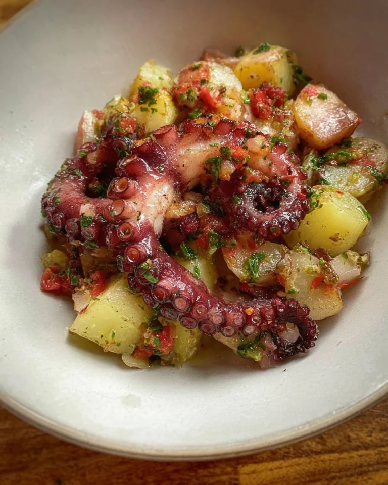 Piatto di Polpo e Patate servito con erbe fresche e limone