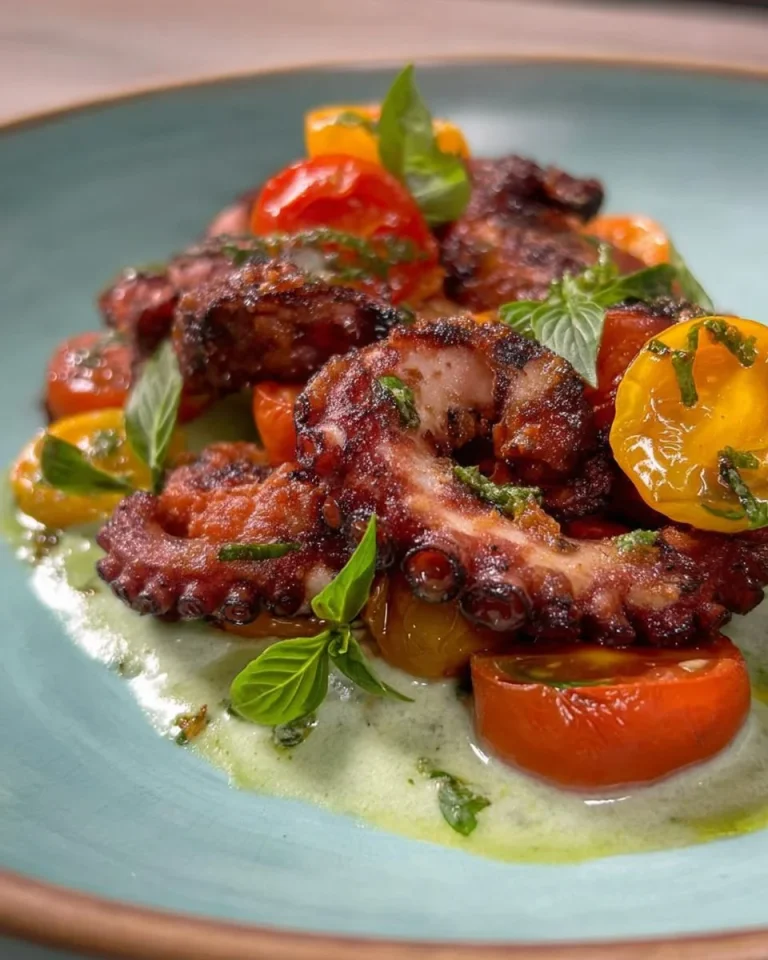 Polpo fritto servito con crema di zucchine e pomodorini confit