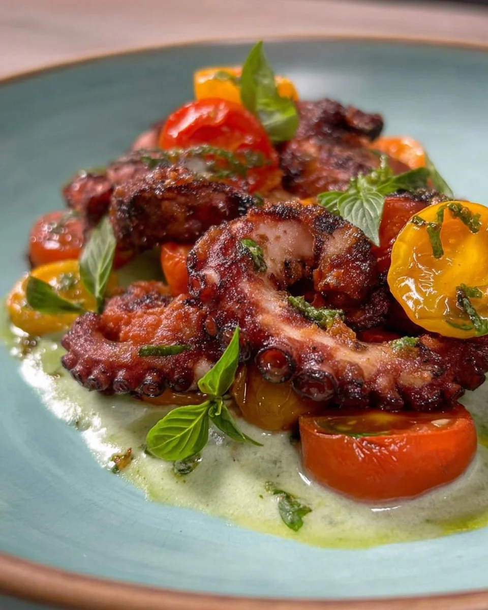 Polpo fritto servito con crema di zucchine e pomodorini confit