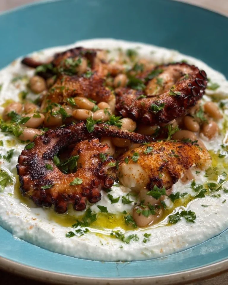 Polpo Tostato servito con fagioli e salsa di yogurt