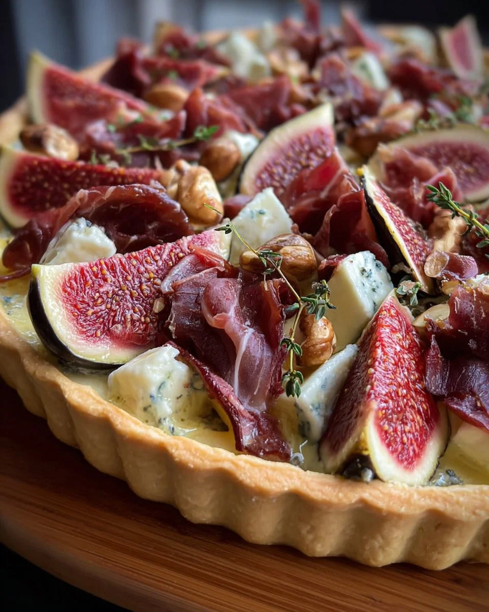 Quiche al gorgonzola con bresaola, fichi, nocciole e timo in un piatto gourmet