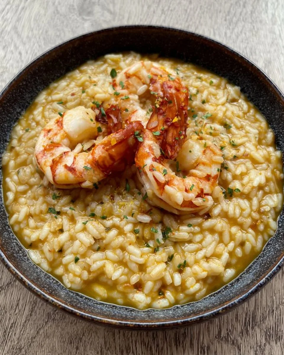 Risotto agli scampi servito con gamberi freschi e prezzemolo
