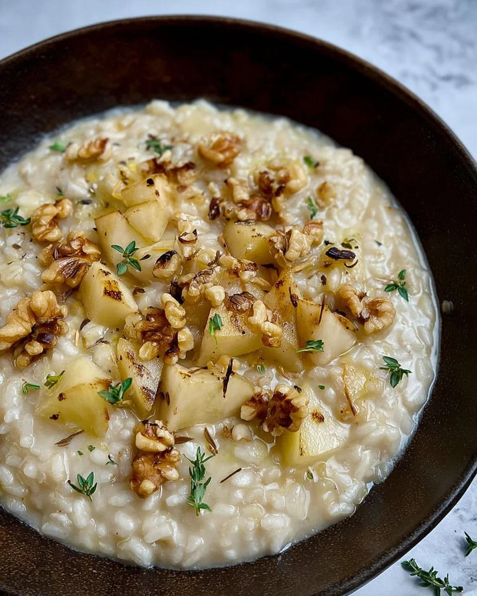 Risotto al taleggio con pere, noci e timo, un piatto gourmet della cucina italiana.