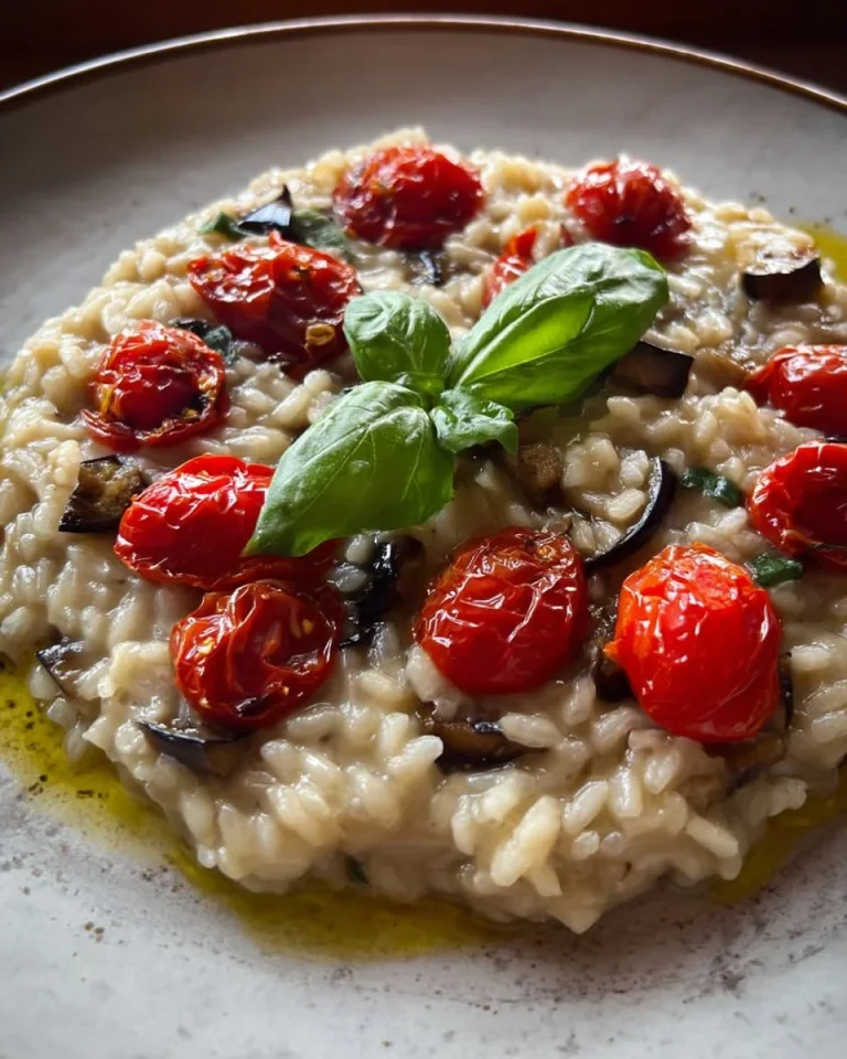 Risotto con melanzane, pomodorini e basilico su un piatto decorativo.