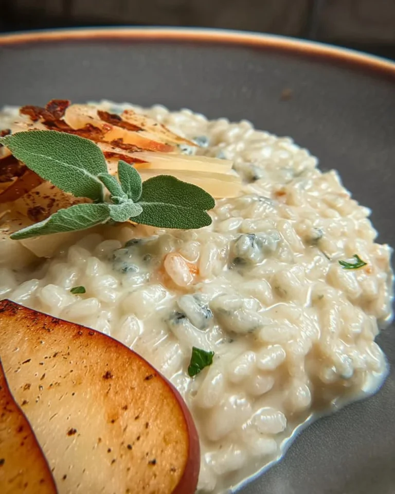 Risotto pere e gorgonzola servito in una ciotola elegante con decorazioni