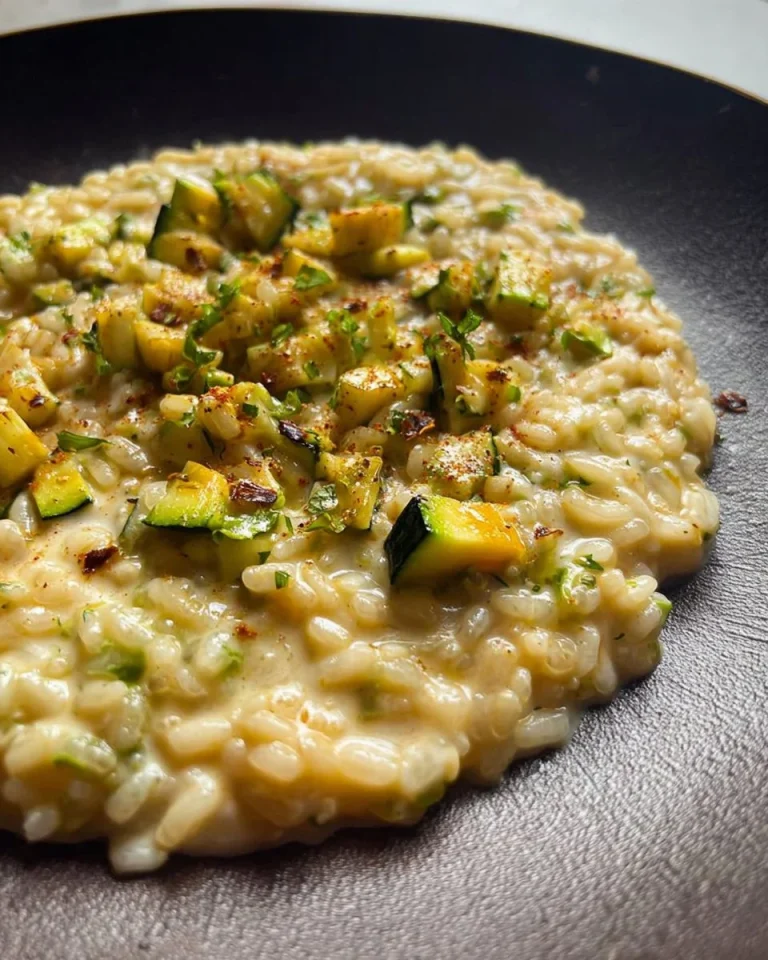 Risotto cremoso con zucchine e stracchino servito in un piatto elegante.