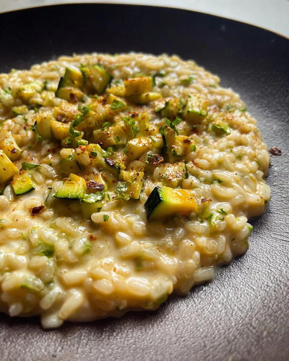 Risotto cremoso con zucchine e stracchino servito in un piatto elegante.