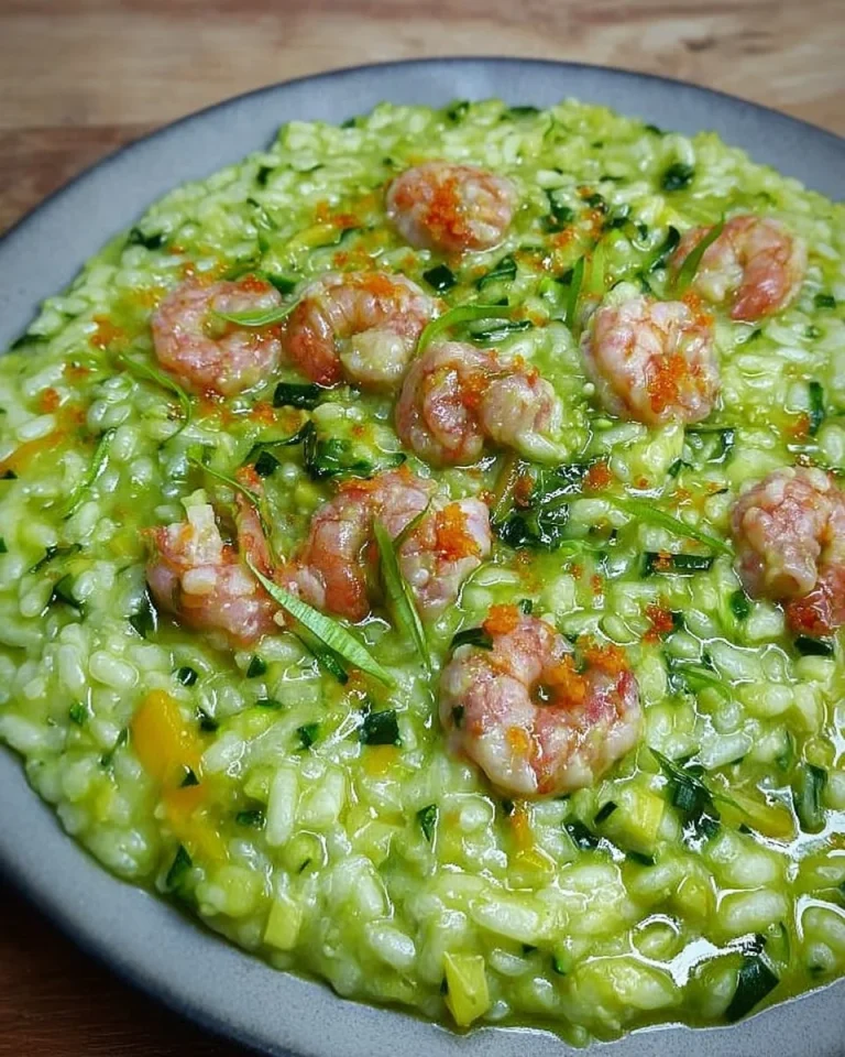 Piatto di risotto zucchine e gamberi servito con decorazioni fresche