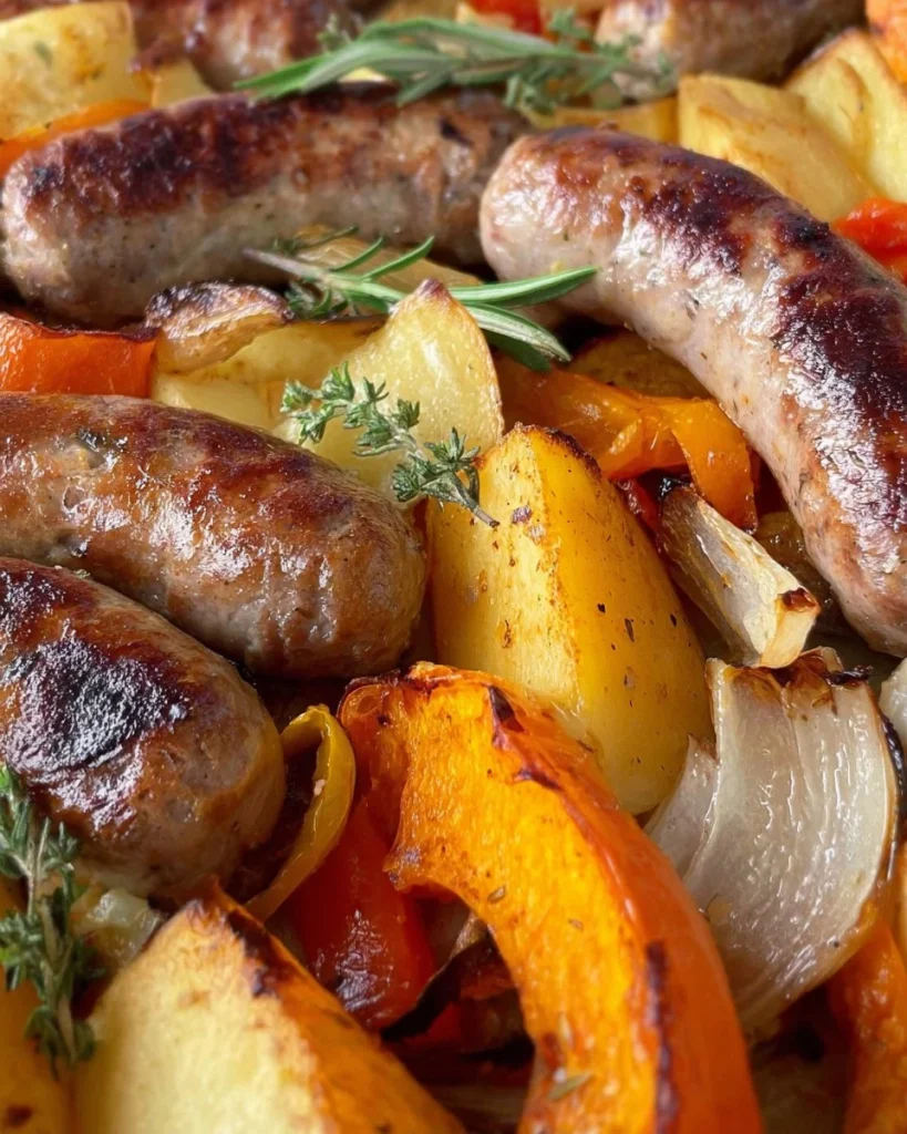 Salsiccia al forno con patate e zucca, un piatto italiano delizioso e ricco di sapore.