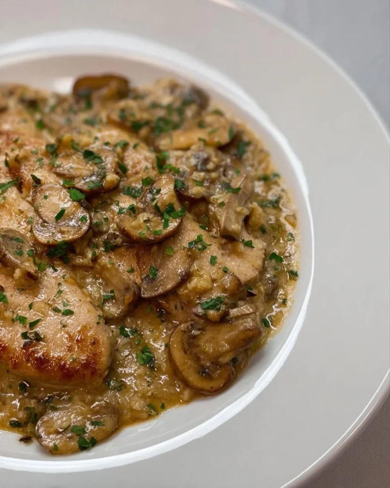 Scaloppine ai funghi servite su un piatto bianco
