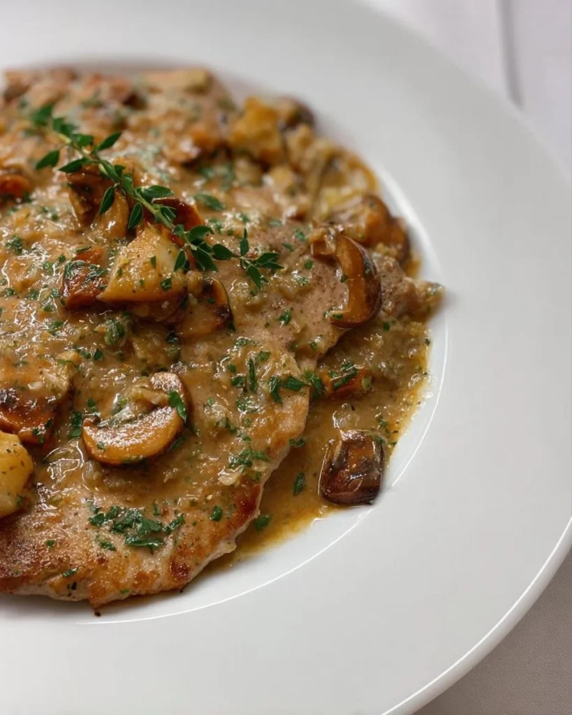 Scaloppine di vitello ai funghi porcini preparate in un piatto delizioso.
